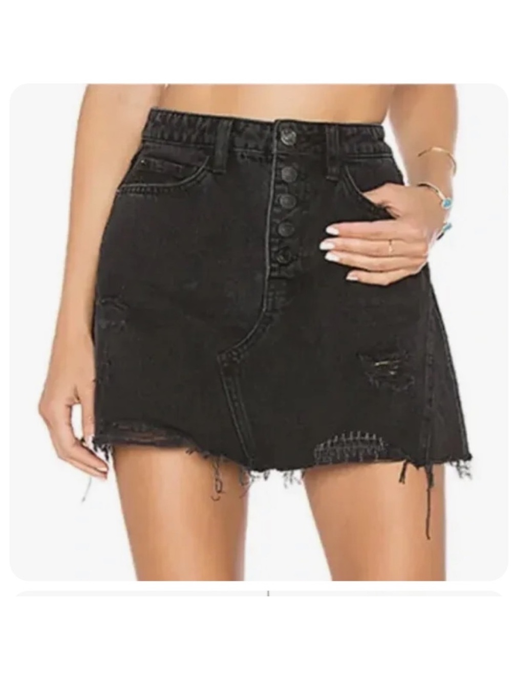 We The Free People Denim Mini Skirt Womens 27 Black Distressed Button Fly Raw